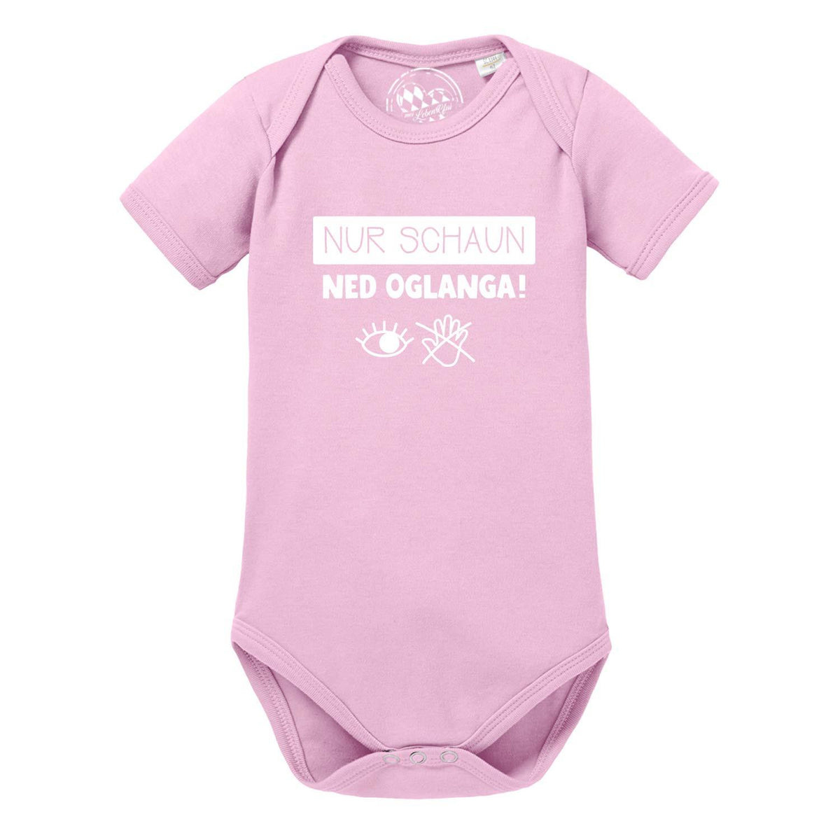 Rosa Baby Body "Nur schaun..." mit weißem Schriftzug und Augen-, Hand-Symbol, Kurzarm aus Baumwolle