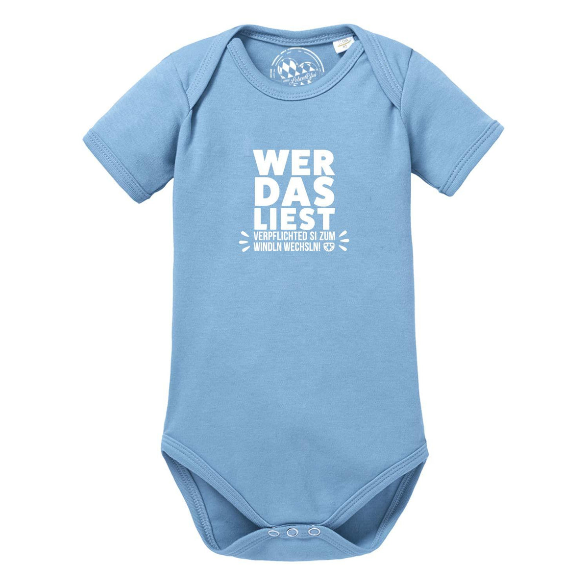 Baby Body Windln wechsln hellblau mit lustigem Spruch und Druckknöpfen im Schritt, weiche Babykleidung