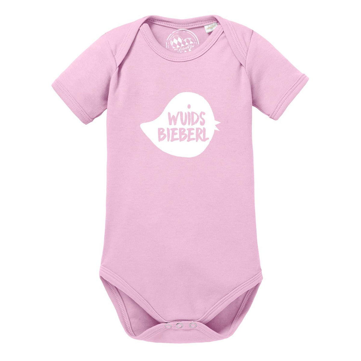 Rosa Baby Body Wuids Bieberl mit weißem Spruch und Druckknöpfen, kurze Ärmel aus weicher Baumwolle.