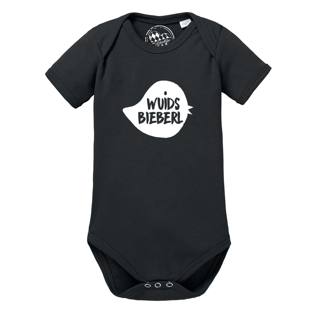 Schwarzer Baby Body Wuids Bieberl mit weißem Schriftzug, kurzen Ärmeln und Druckknöpfen im Schritt.