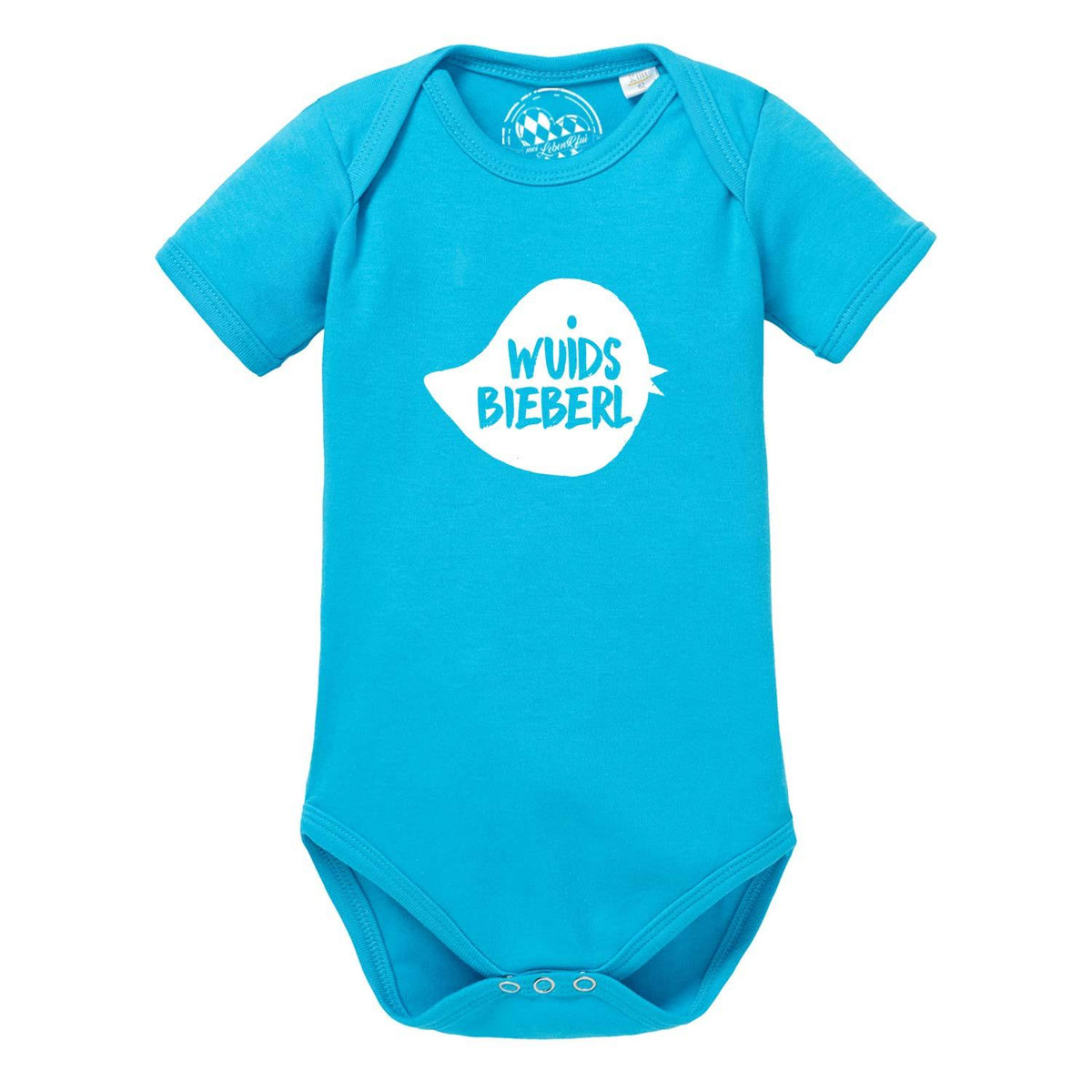 Aquablauer Baby Body Wuids Bieberl mit weißem Sprechblasen-Logo, kurzen Ärmeln und Druckknöpfen.