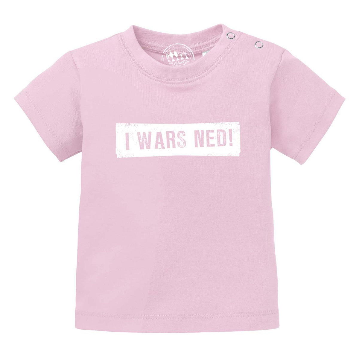 Baby T-Shirt "I wars ned!" in zartem Rosa mit weißem Spruch und praktischen Druckknöpfen an der Schulter.