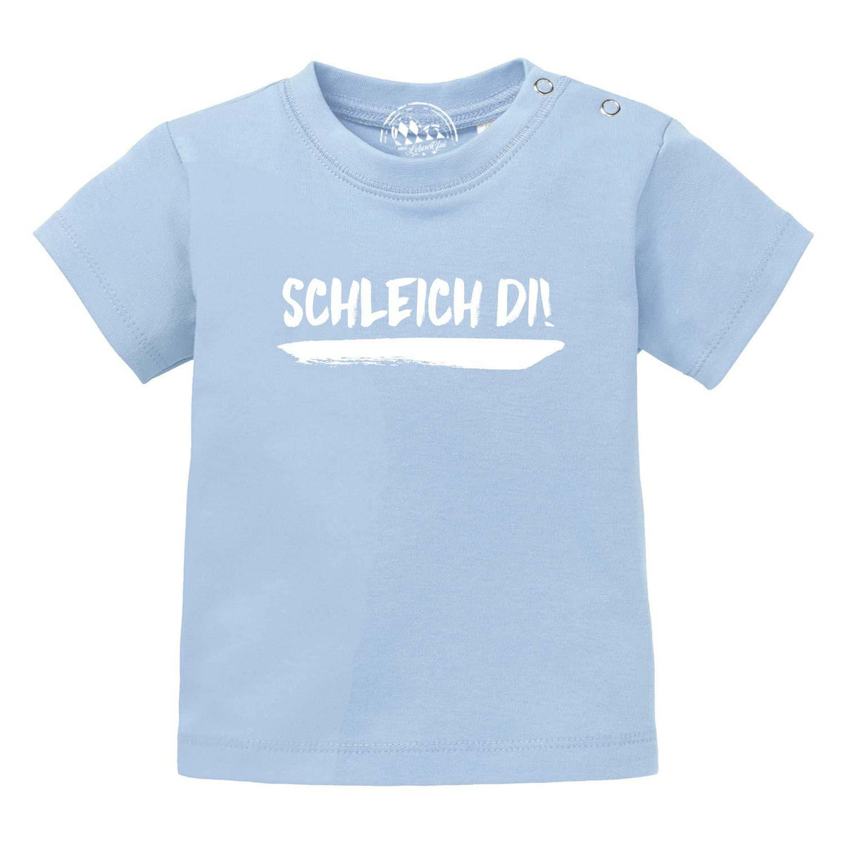 Helles blaues Baby T-Shirt Schleif di! mit weißem Print und Druckknöpfen an der Schulter