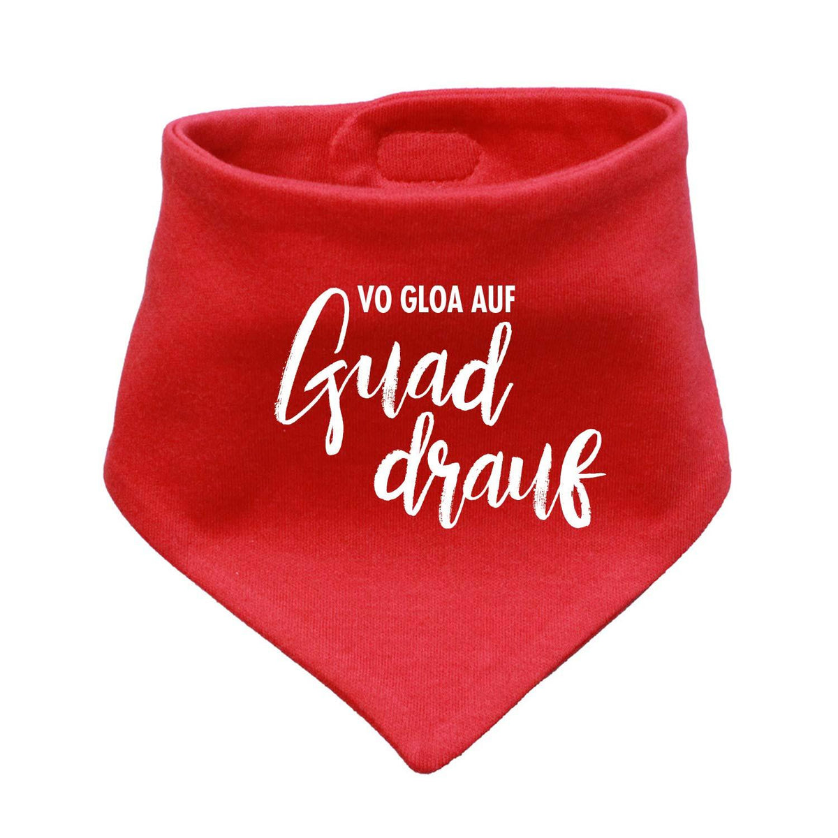 Rotes Babyhalstuch "guad drauf" mit weißem Schriftzug, weichem Stoff für Babys und Kleinkinder.