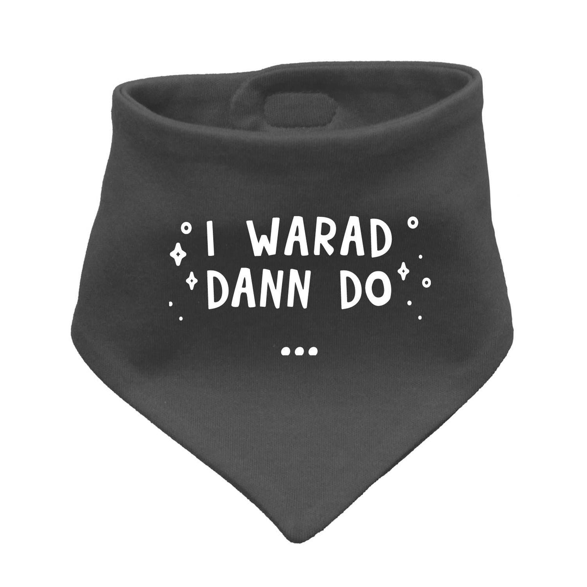 Dunkelgraues Babyhalstuch I warad dann do mit weißem Schriftzug und Sternen, weicher Baumwollstoff