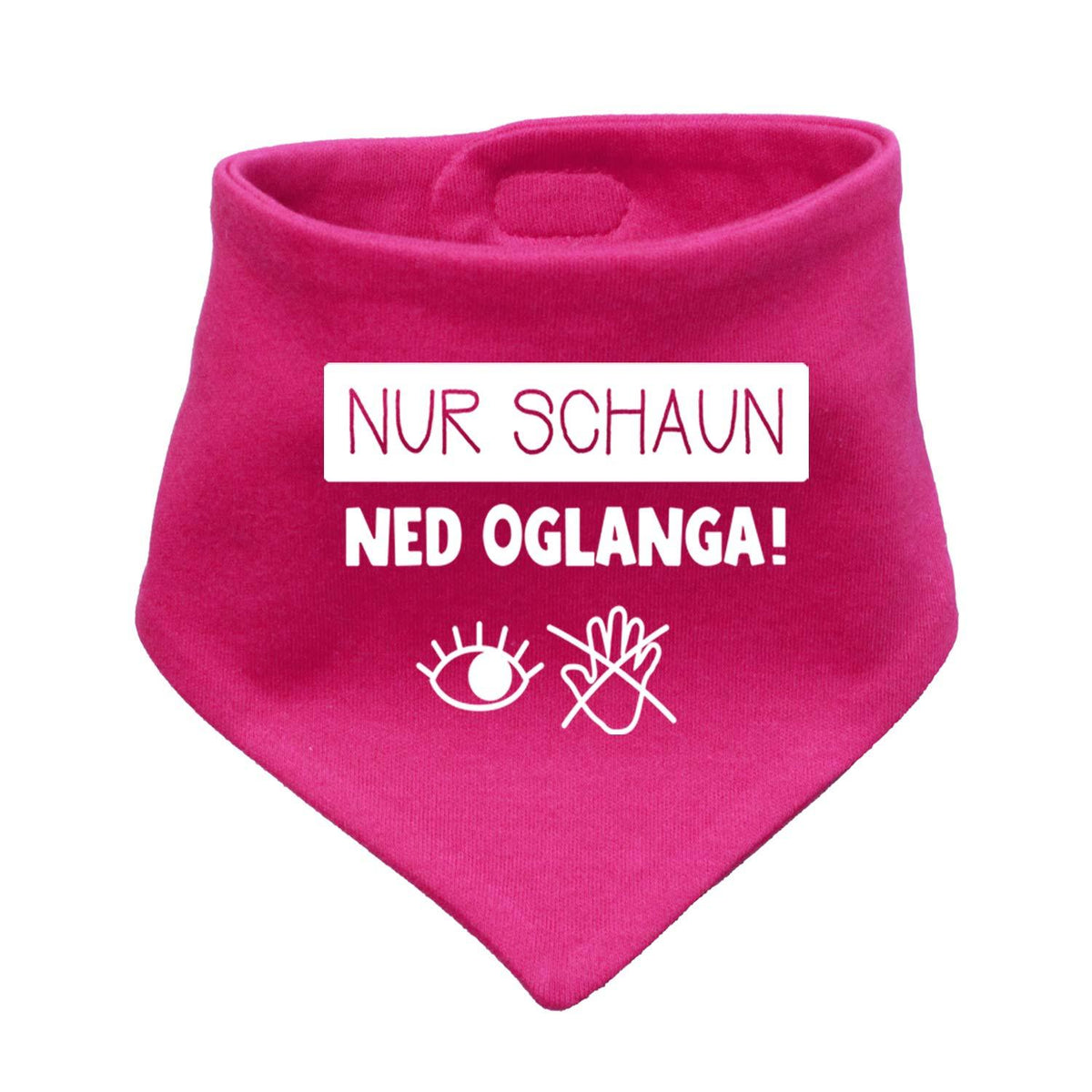 Fuchsia Babyhalstuch Nur schaun mit witzigem Aufdruck, Auge und Hand Symbolen, ideal für Mädchen
