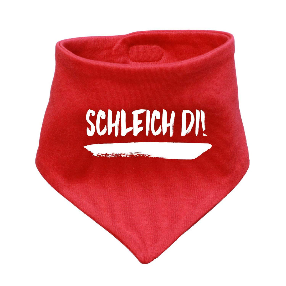 Rotes Babyhalstuch Schleiche di! mit witzigem weißem Schriftzug für Babys, bequemes Dreieckstuch