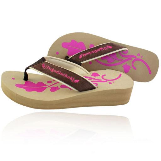 Beige Plateau-Flip-Flops mit braunen Riemen und pinkfarbenem floralem Muster für Damen