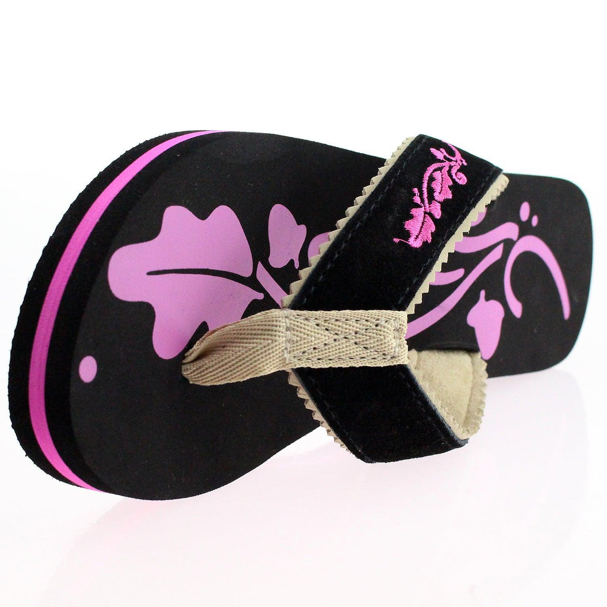 Paar Trachten Flip Flops Damen Dirndlschuh mit breitem schwarzem Riemen und pinkem Eichenlaub-Motiv