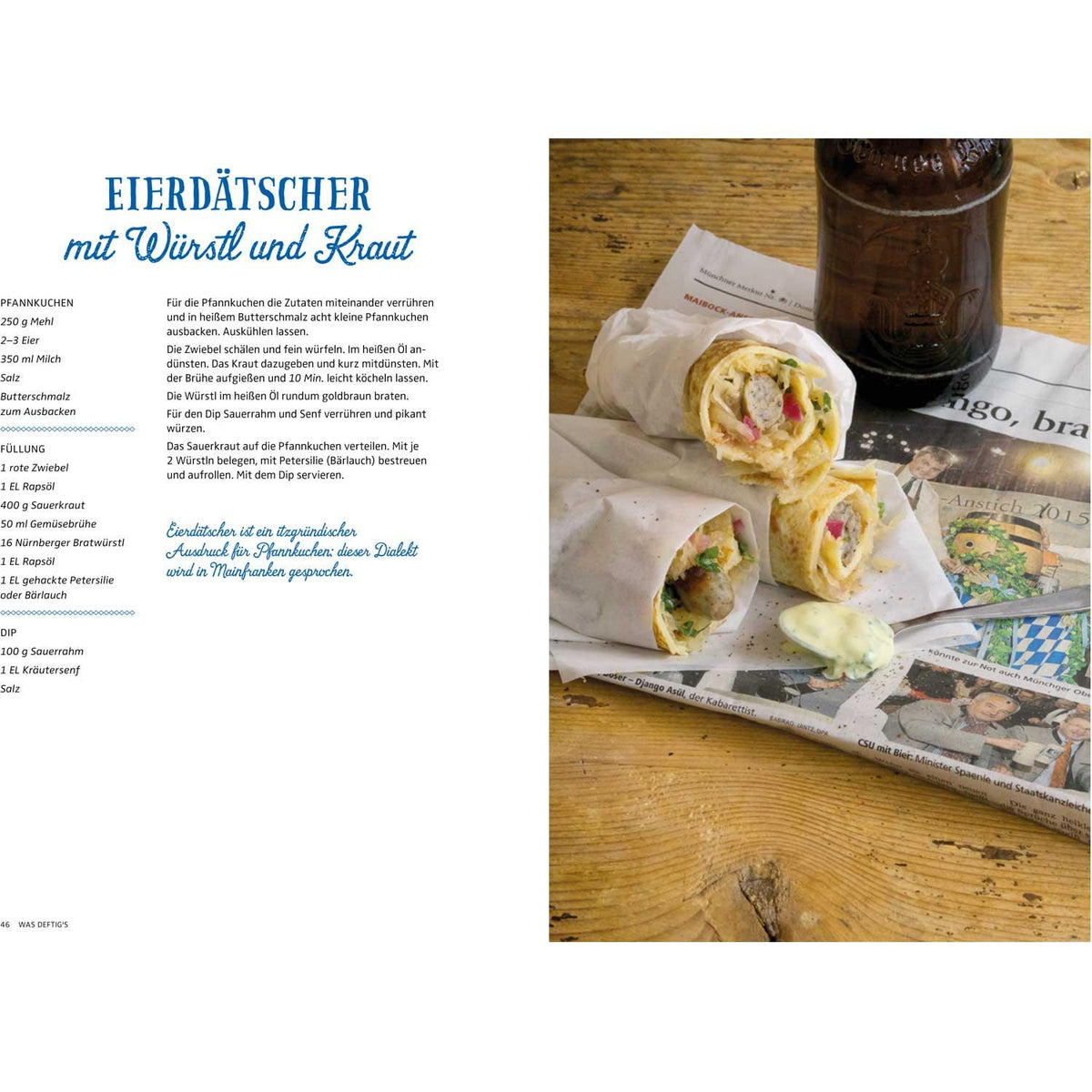 Rezeptseite für Eierdätscher mit Würstl und Kraut, garniert mit zwei gerollten Wraps auf Zeitungspapier und einer Bierflasche.