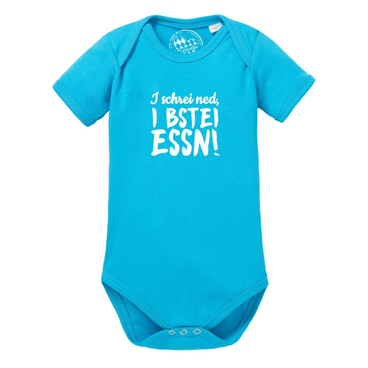 Baby Body I bstei Essn... in leuchtendem Türkis mit weißem Aufdruck und kurzem Arm, ideal für Babys.