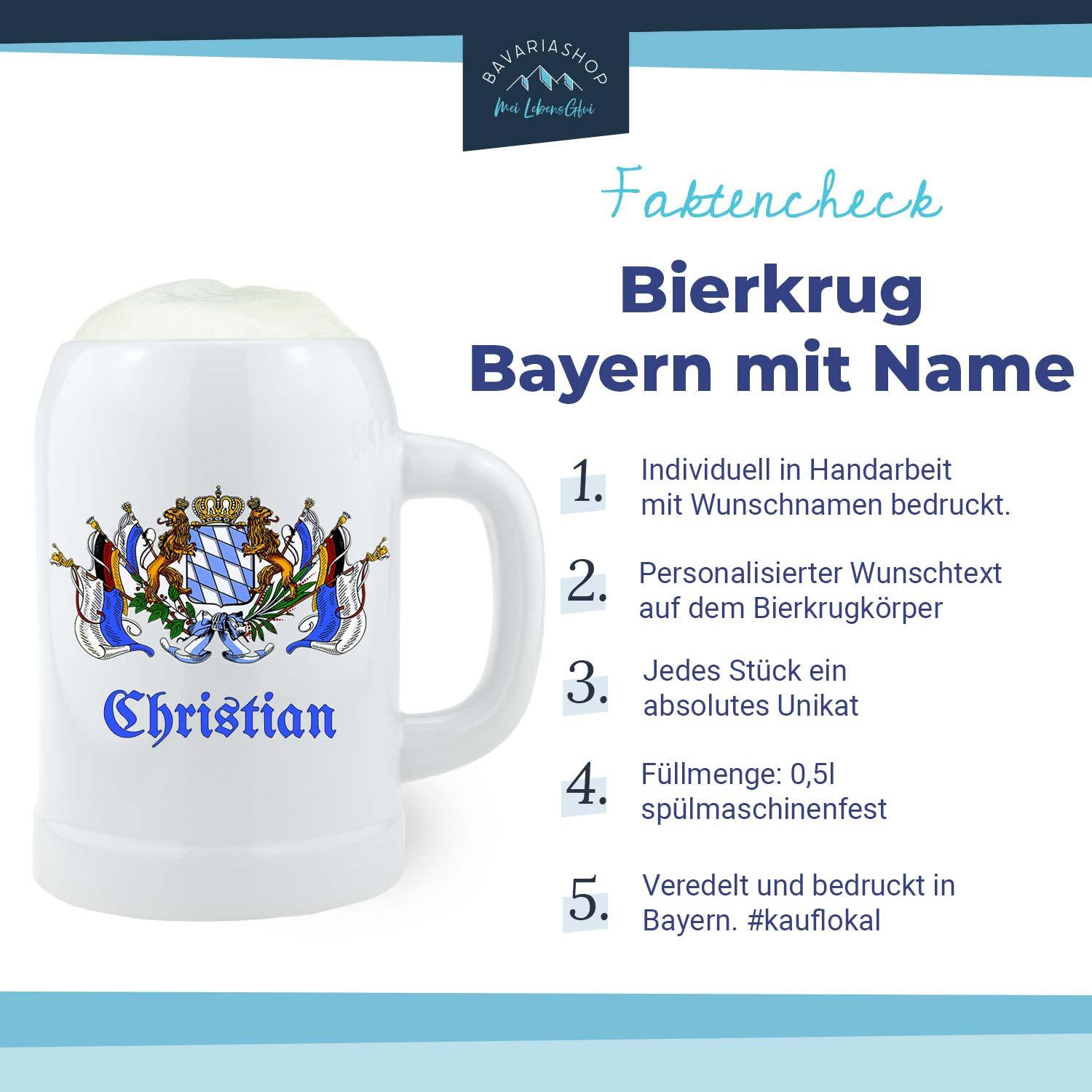Weißer Keramik-Bierkrug mit bayerischem Staatswappen und personalisiertem Namen "Christian". Halb Liter Fassungsvermögen, spülmaschinenfest.
