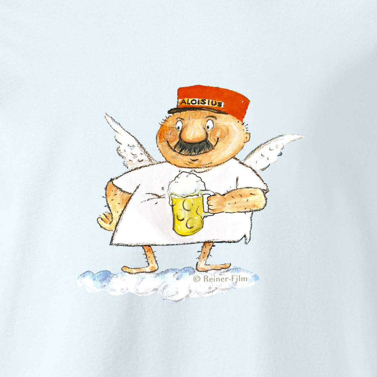 Engel Aloisius Damen T-Shirt A Bier sag i mit bayerischem Engel, roter Kappe und Bierkrug auf einer Wolke.