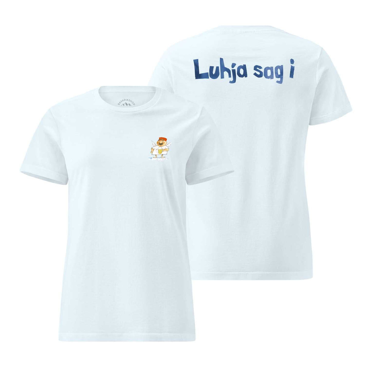 Weißes Engel Aloisius Damen T-Shirt mit kleinem Druck auf der Brust und Schriftzug Luhja sag i am Rücken.