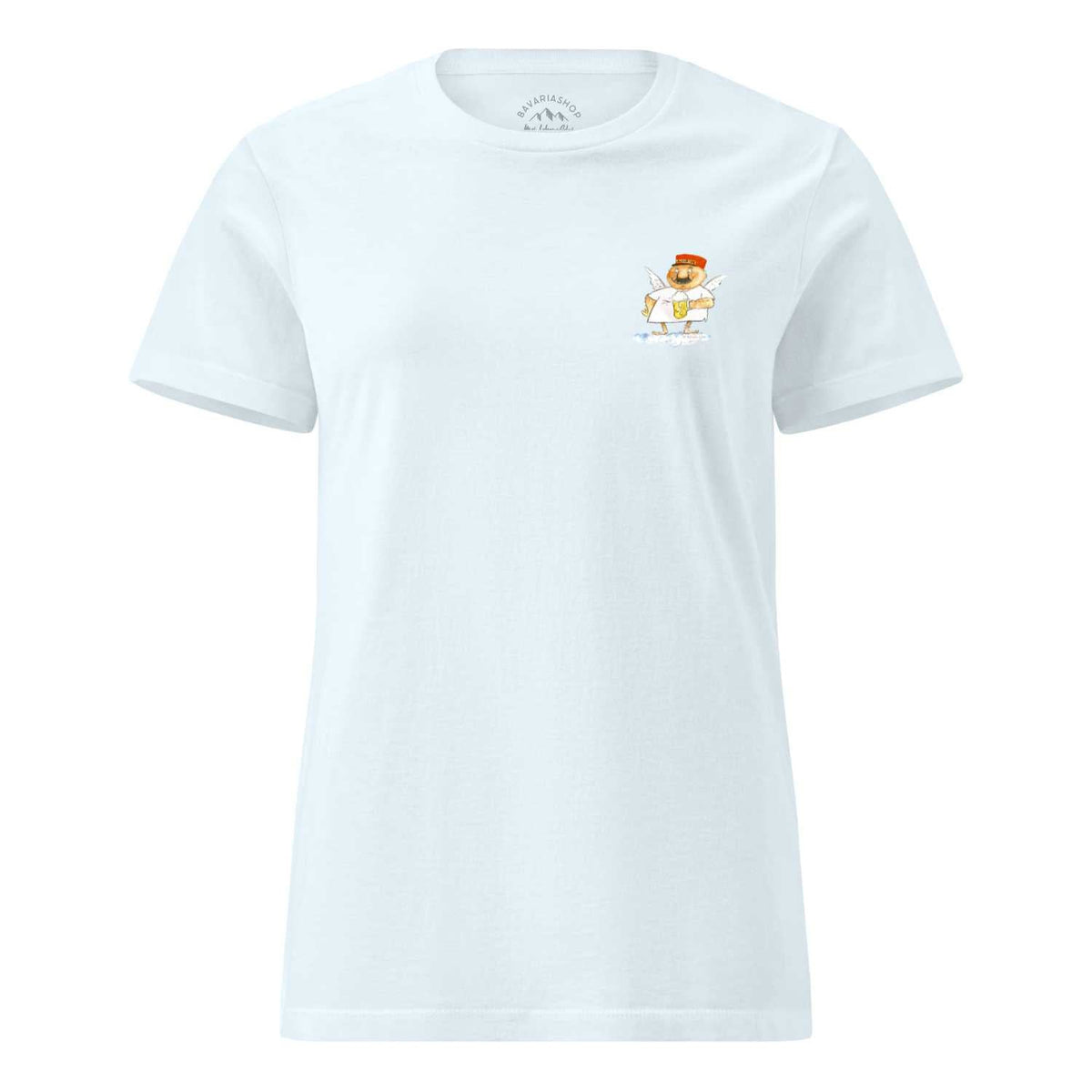 Weißes Engel Aloisius Damen T-Shirt "A Bier sag i" mit farbigem Engel Aloisius Motiv.