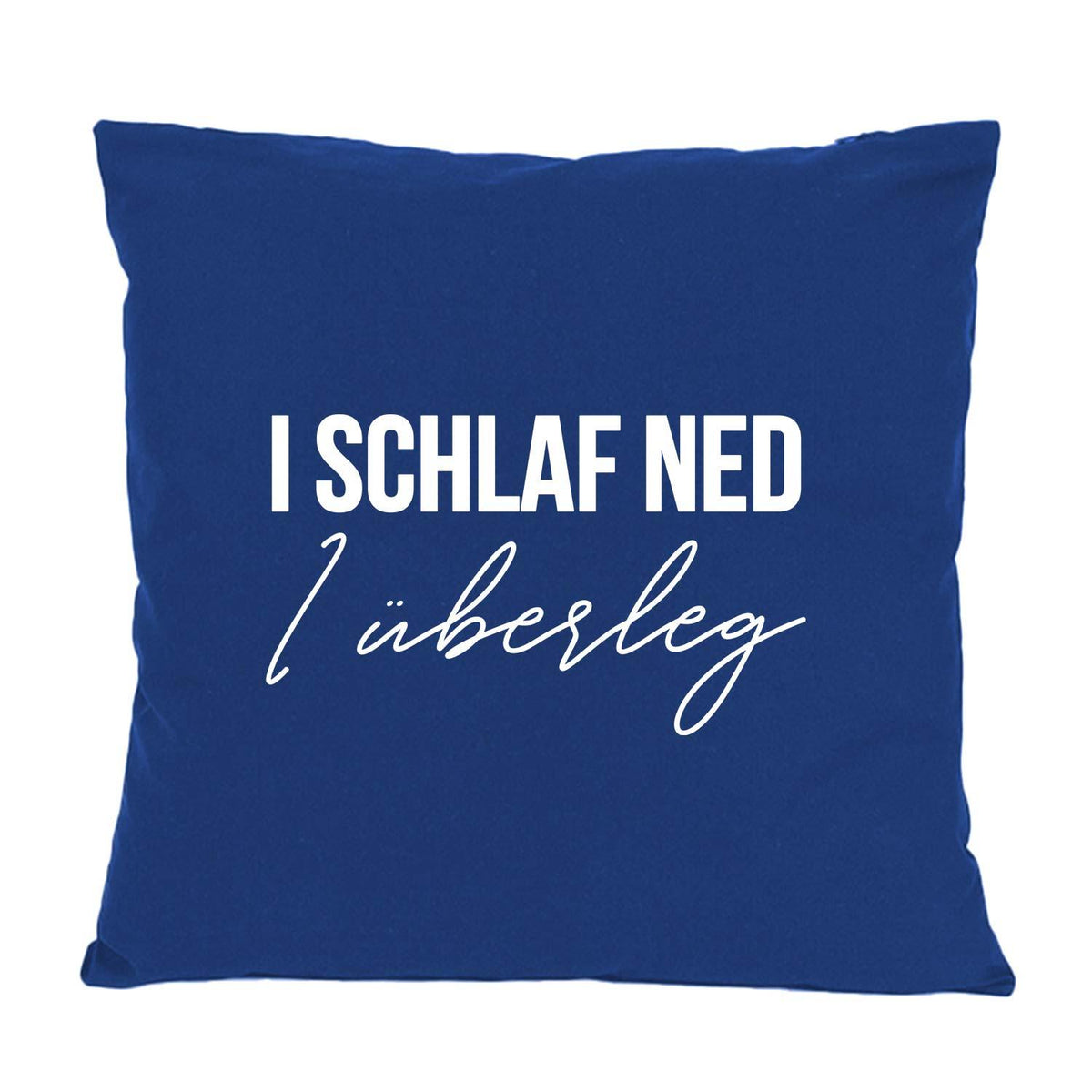Dunkelblaues Kissen I schlaf ned, I überleg mit weißer, lustiger Schrift und weicher Oberfläche.