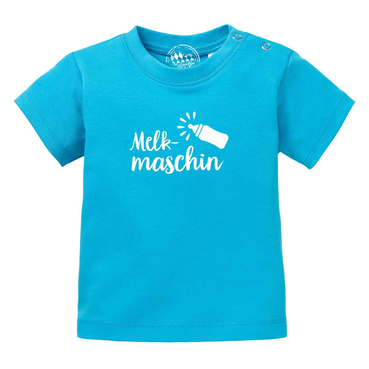 Türkises Baby T-Shirt Melkmaschin mit weißem Aufdruck Babyflasche und Schriftzug Melk-Maschin.