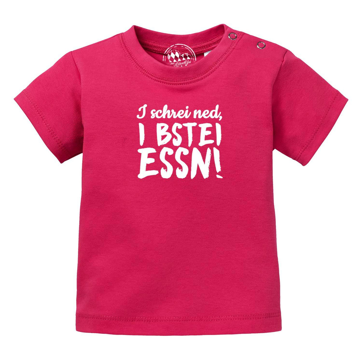 Baby T-Shirt "I bstei Essn…" in leuchtendem Pink mit weißem Spruch für Jungen und Mädchen.