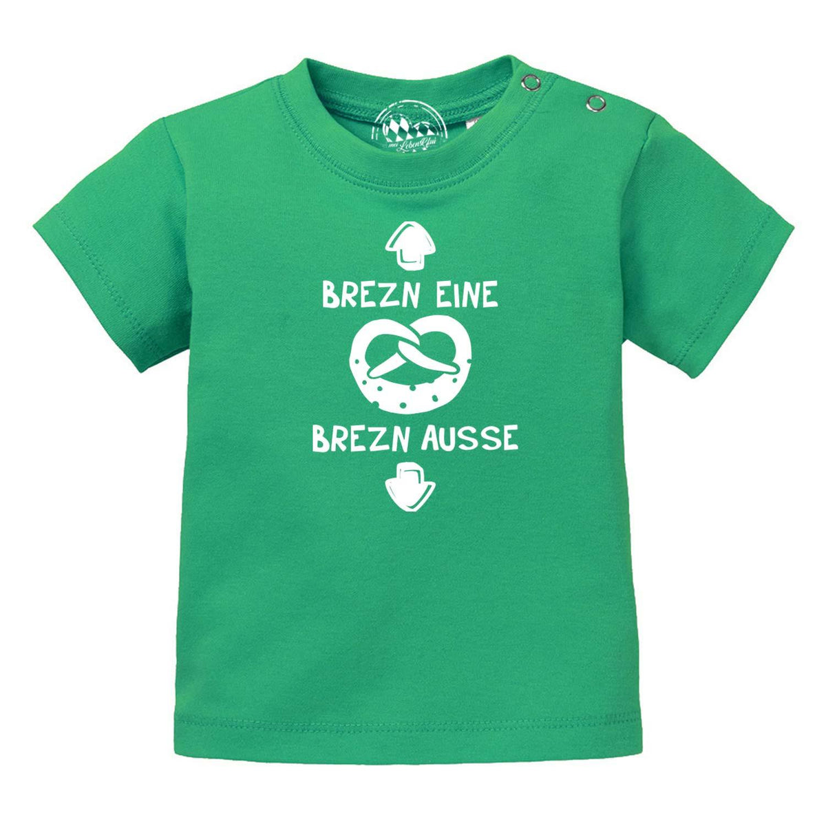 Grünes Baby T-Shirt "Brezn" mit weißem Brezel-Motiv und lustigem Spruch für Jungen und Mädchen.