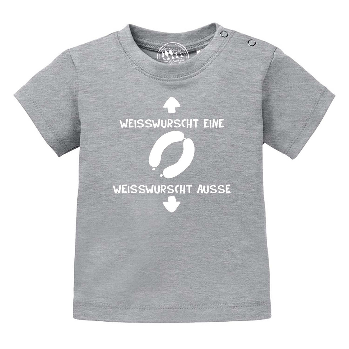 Graues Baby T-Shirt Weißwurscht mit lustigem Spruch und Weißwurst-Motiv in Weiß auf der Vorderseite.