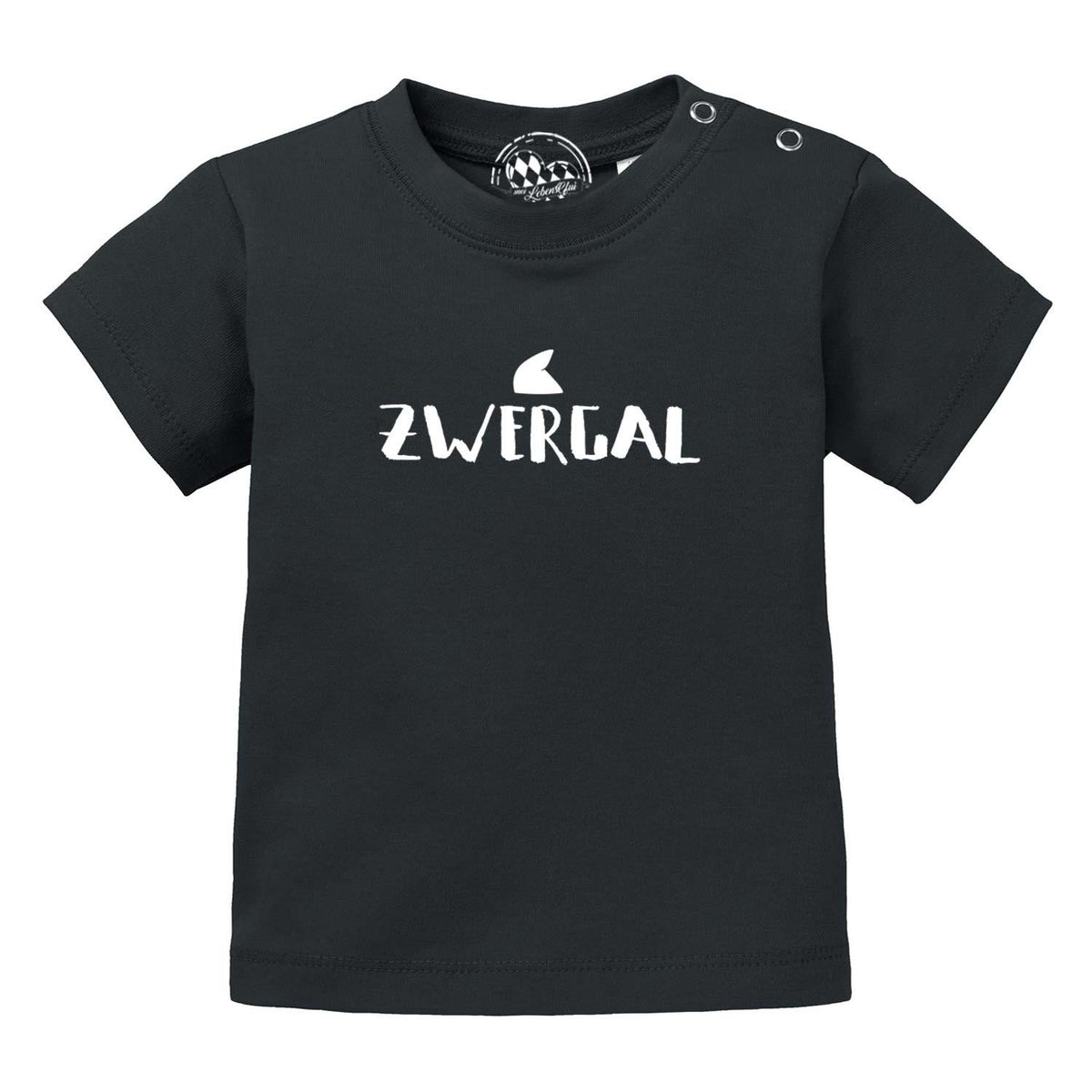 Schwarzes Baby T-Shirt Zwergal aus Bio-Baumwolle mit weißem "ZWERGAL"-Aufdruck und Druckknöpfen an der Schulter.