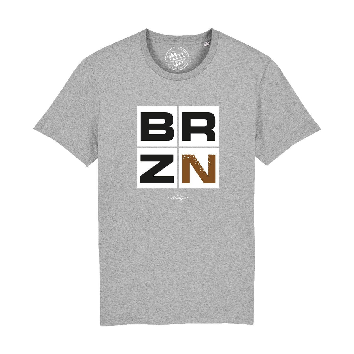 Graues Herren T-Shirt "BRZN" aus Baumwolle mit schwarzem und braunem BRZN-Logo im Quadratdruck.