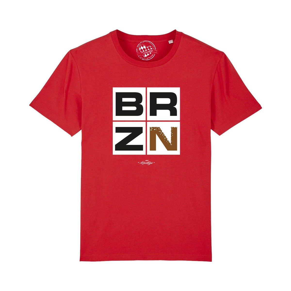 Rotes Herren T-Shirt BRZN mit weißem und braunem Buchstabendruck in vier Quadraten auf der Brust.