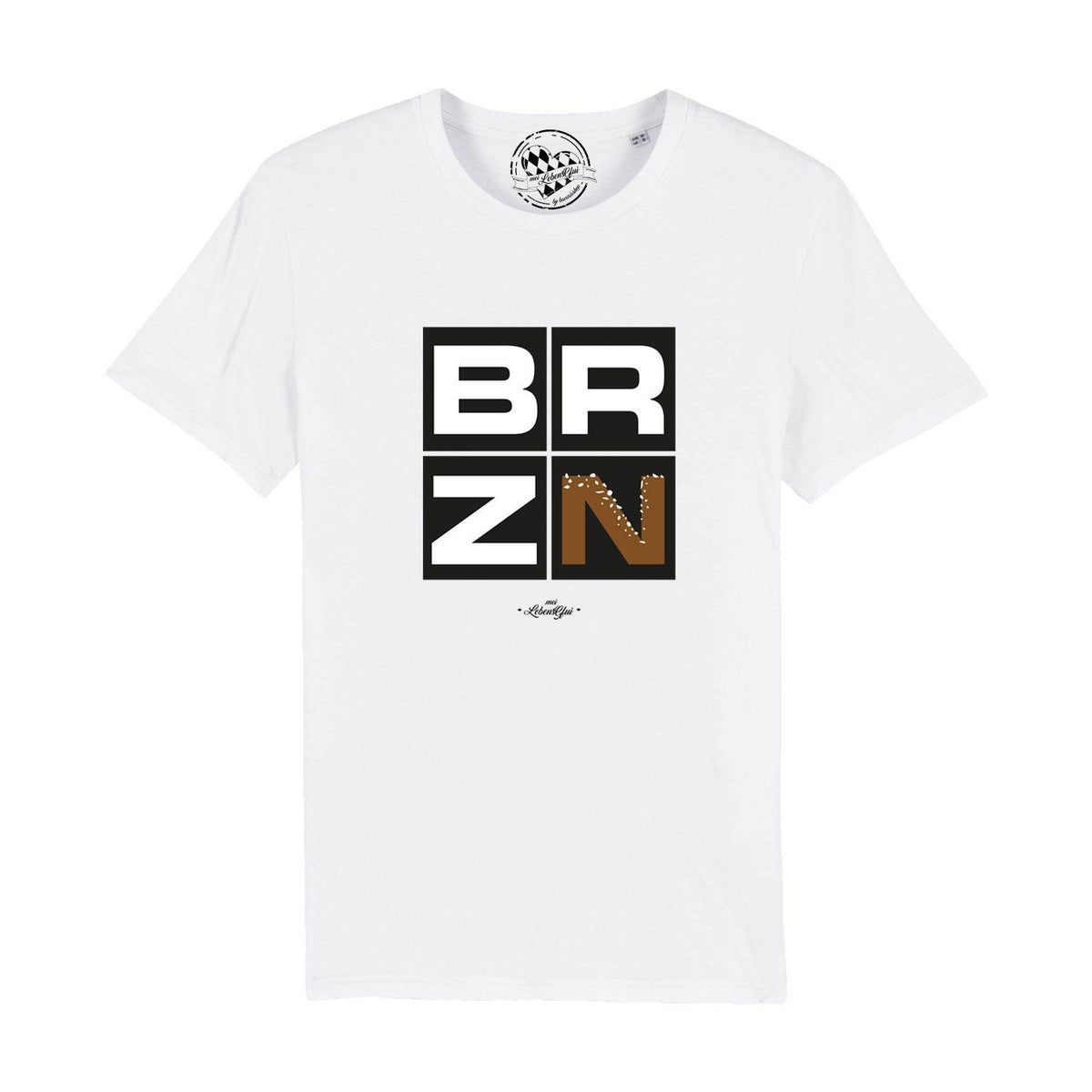 Weißes Herren T-Shirt "BRZN" mit großem, quadratischem Logo-Print in Schwarz, Weiß und Braun.