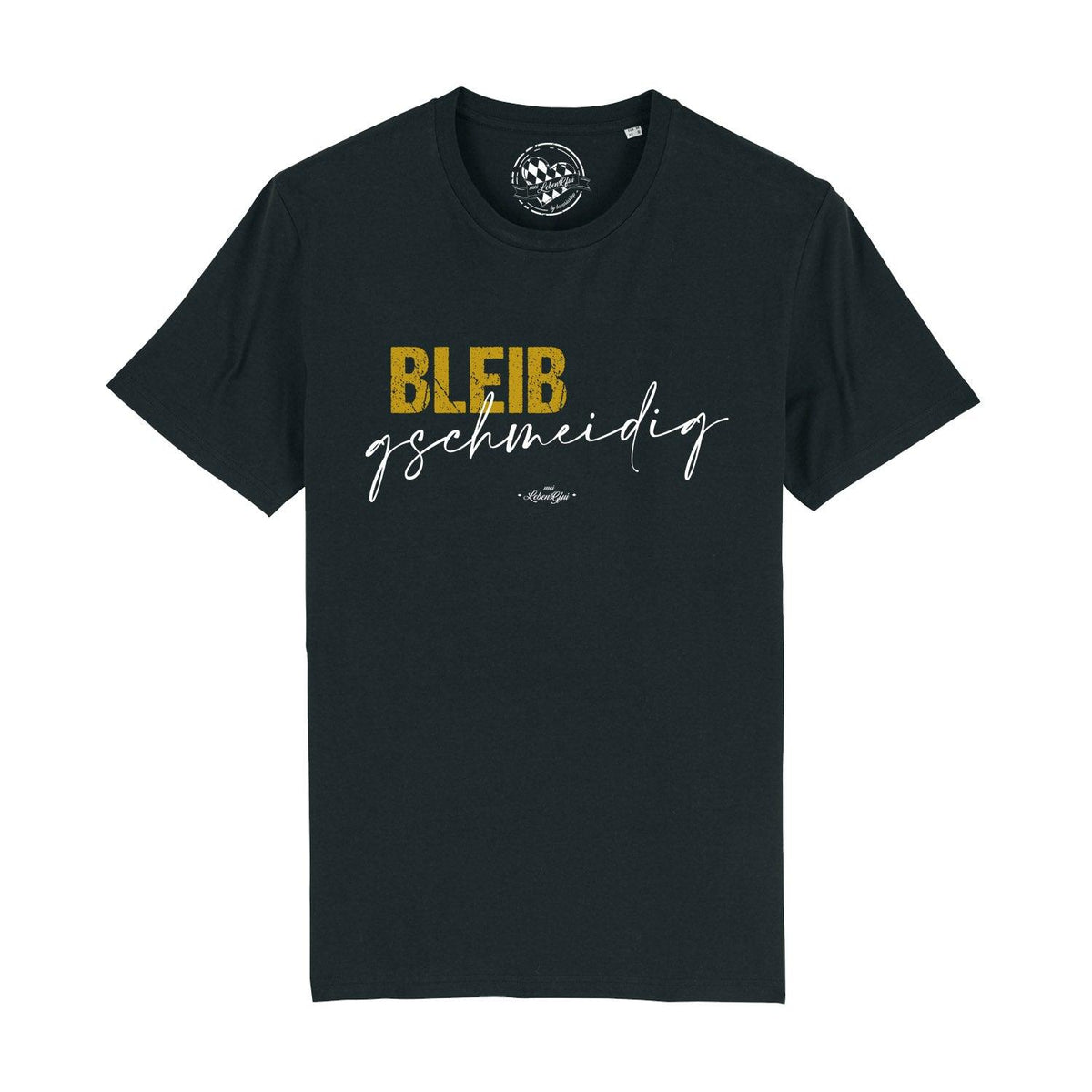 Schwarzes Herren T-Shirt Bleib gschmeidig mit gelbem und weißem Aufdruck und kurzem Arm.