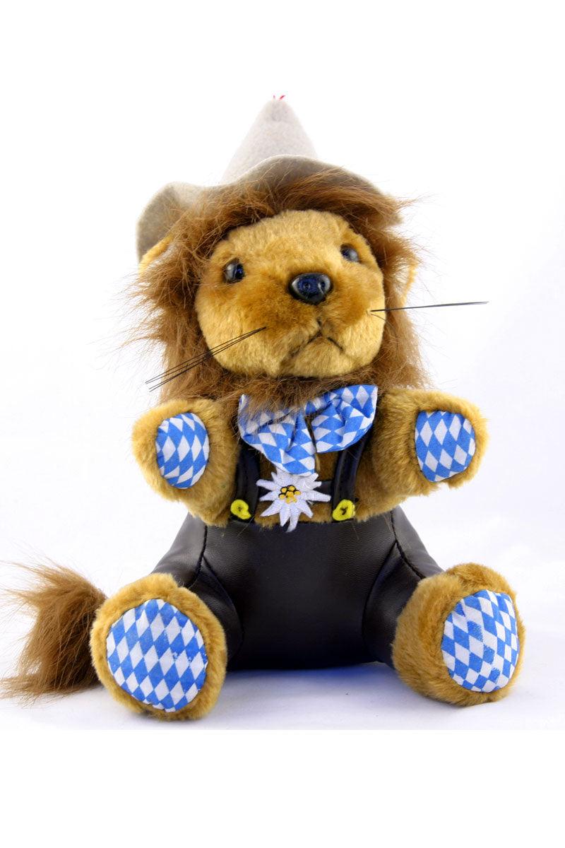 Plüsch-Löwe in Bayern-Tracht, Lederhose, blauer Schleife und Hut, Oktoberfest-Dekoration