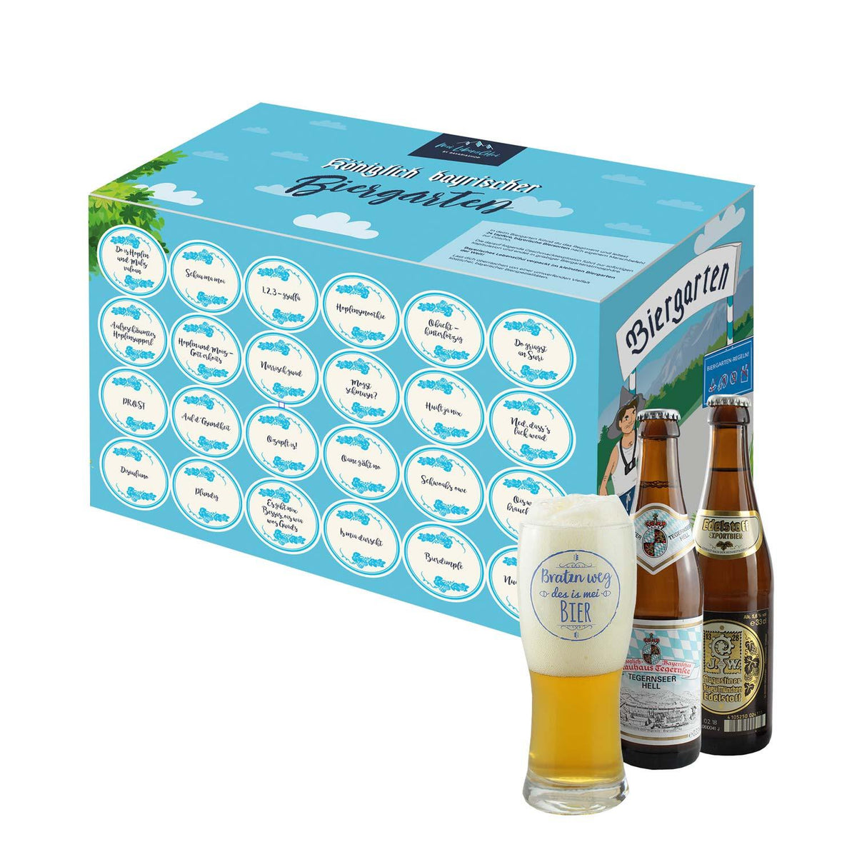 Bierbox „Bayerischer Biergarten“ mit gefülltem Weißbierglas, zwei Bierflaschen und bayerischem Aufdruck