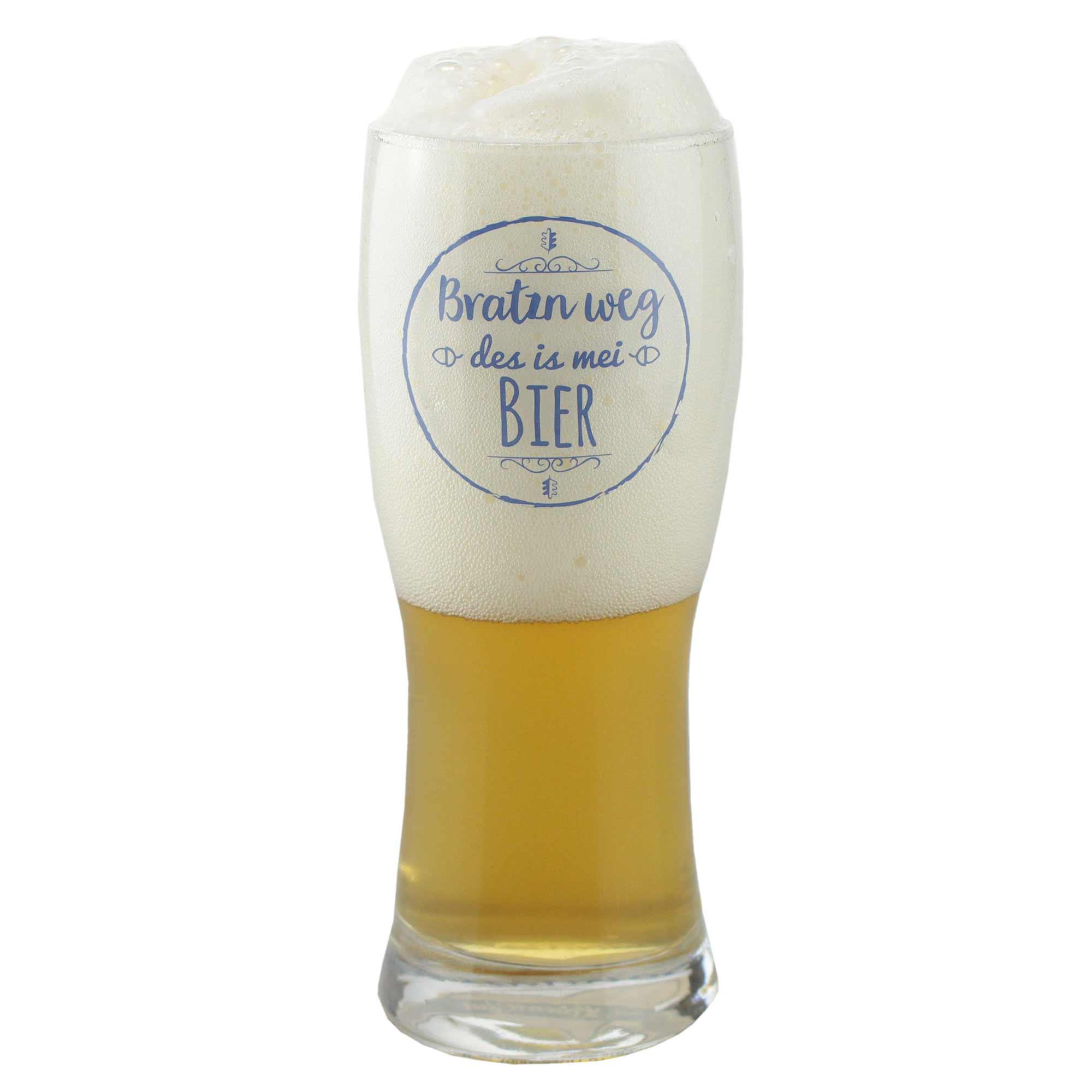 Exklusives Bierglas mit Aufdruck "Bratzn weg - des is mei Bier" als Teil der Bier-Box "Fia di und mi".