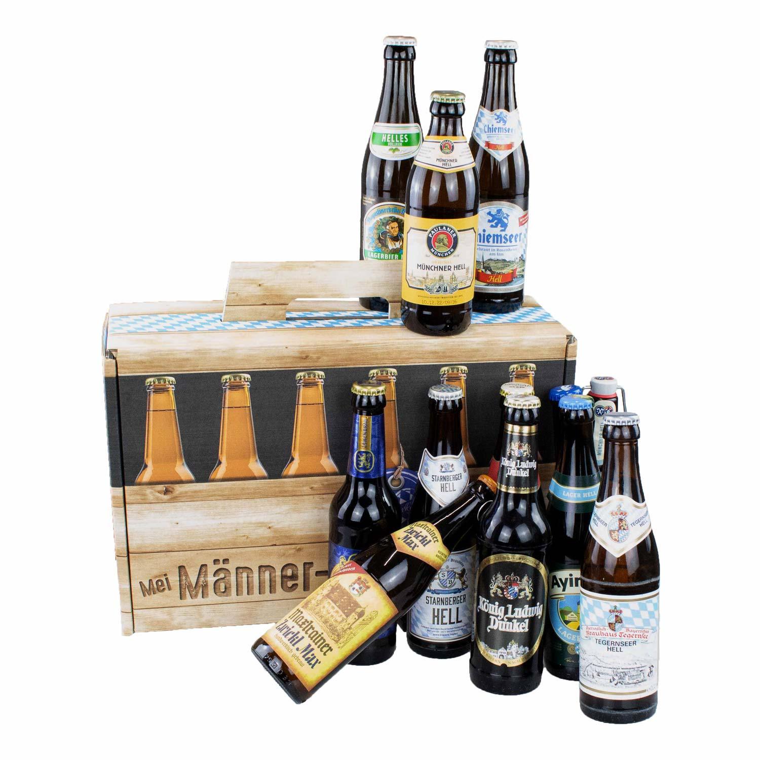 Bier-Geschenk Männer-Handtasche: Holzkiste mit bayerischem Rautenmuster gefüllt mit verschiedenen Flaschenbieren.