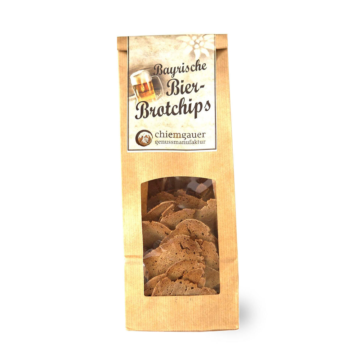 Bayrische Bier-Brotchips in brauner Papiertüte mit Sichtfenster und Etikett für herzhaften Snackgenuss.