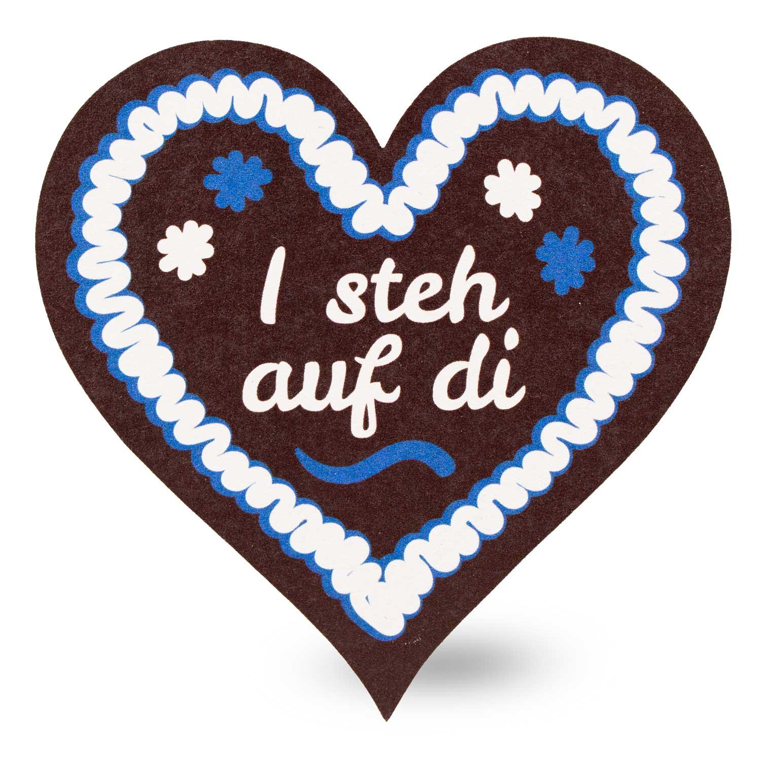 Bierfuizl-Lebkuchen-Herz mit Aufschrift I steh auf di, weiß-blauer Zuckergussverzierung und Blütenmotiven.
