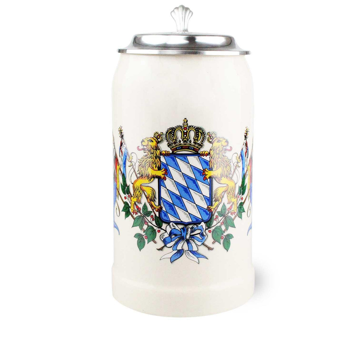 Weißer Porzellan-Bierkrug mit bayerischem Wappen, ziert von Löwen und Krone, mit Zinndeckel