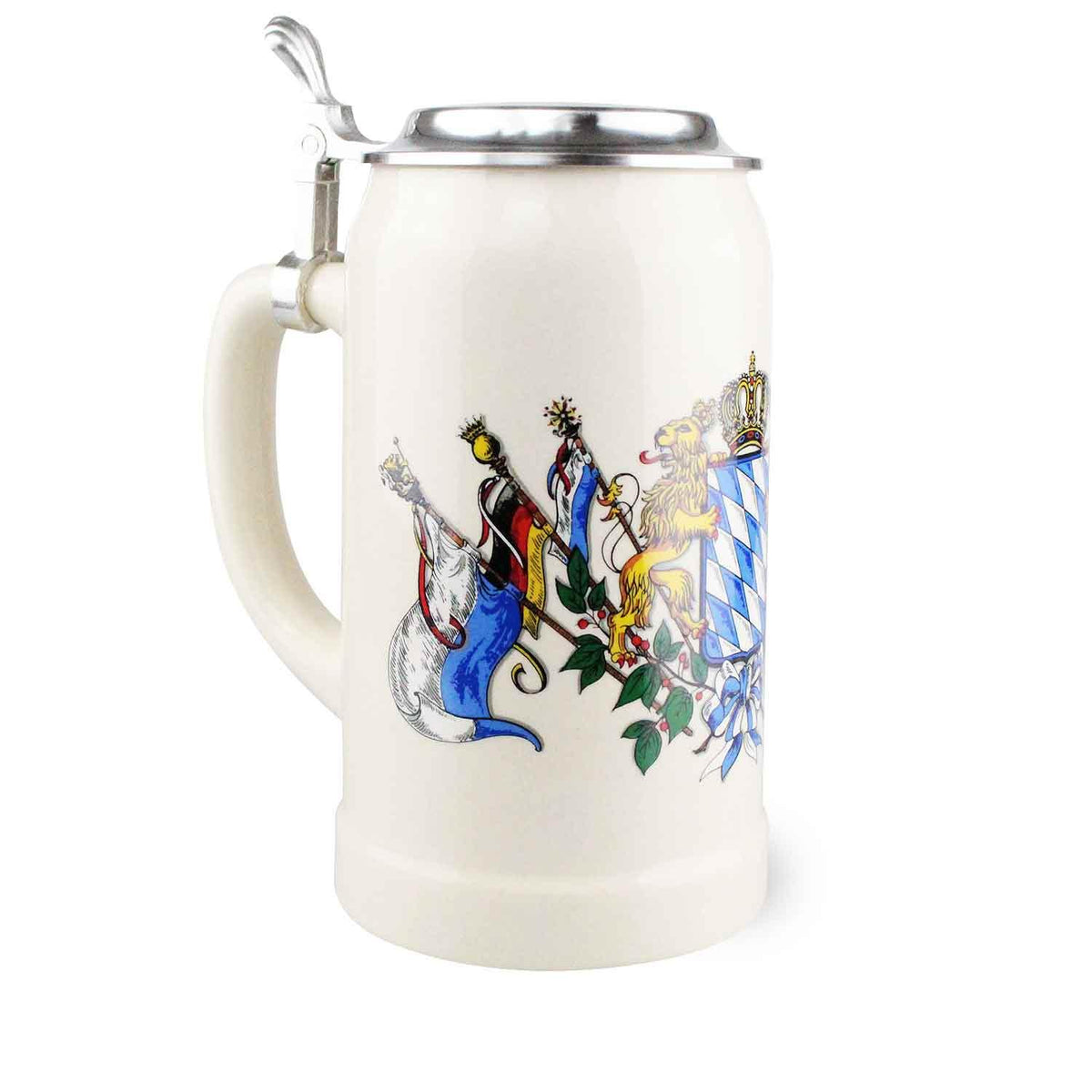 Bierkrug Bayern von der Henkelseite mit Zinndeckel und farbigem Wappen mit Fahnen