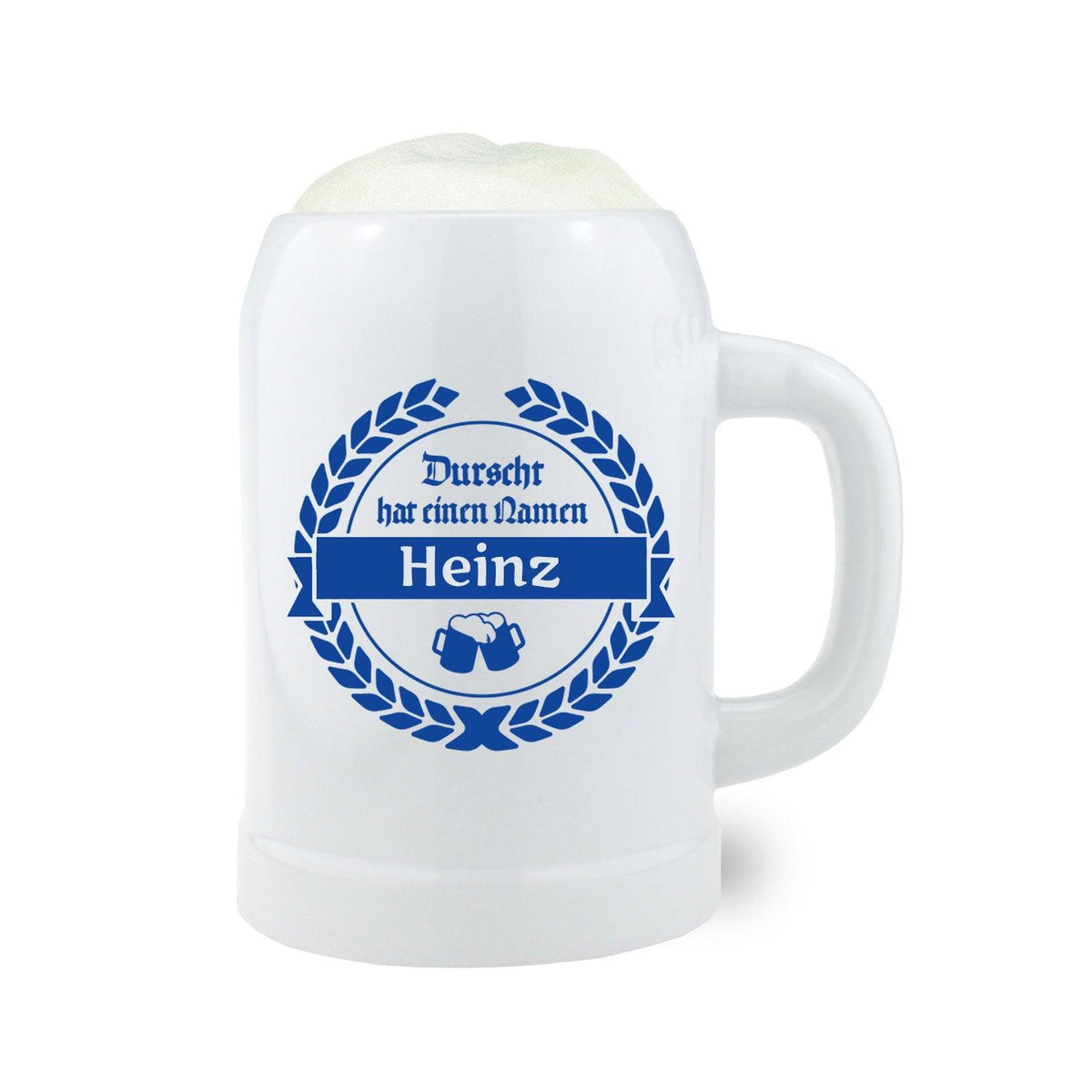 Glasbierkrug mit matter Gravur „Durscht“ und individuellem Wunschnamen, zylindrische Form, klares Glas, 0,5 Liter.
