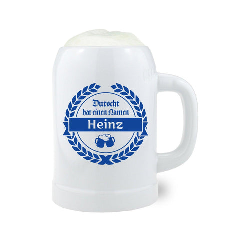 Glasbierkrug mit matter Gravur „Durscht“ und individuellem Wunschnamen, zylindrische Form, klares Glas, 0,5 Liter.
