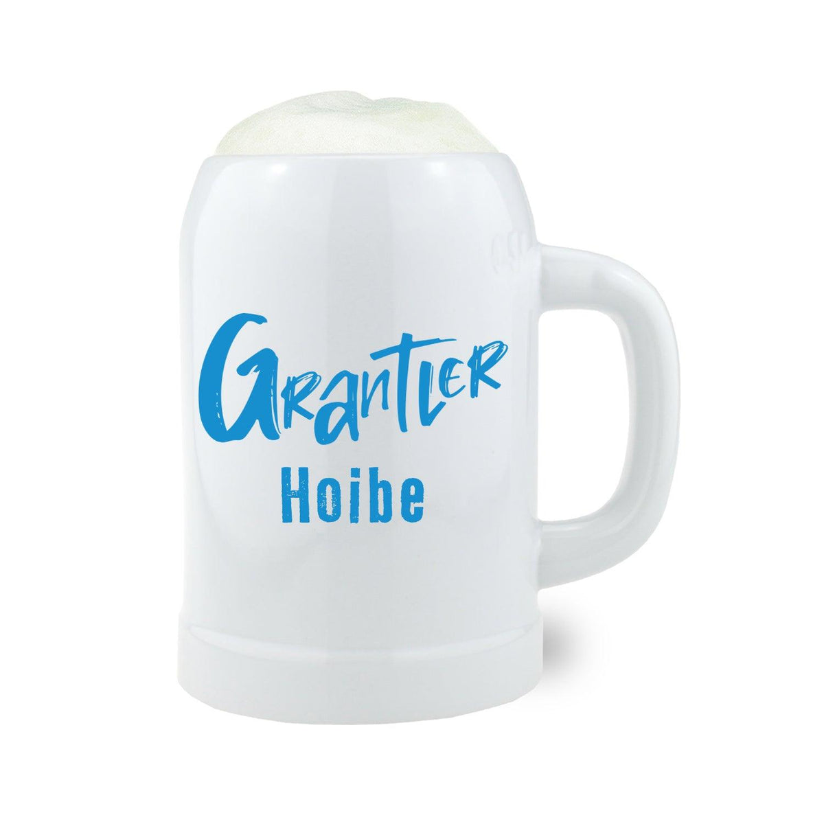 Weißer Bierkrug "Grantler Hoibe" mit blauem Schriftzug und Schaumkrone, Keramik-Maßkrug für Bier.