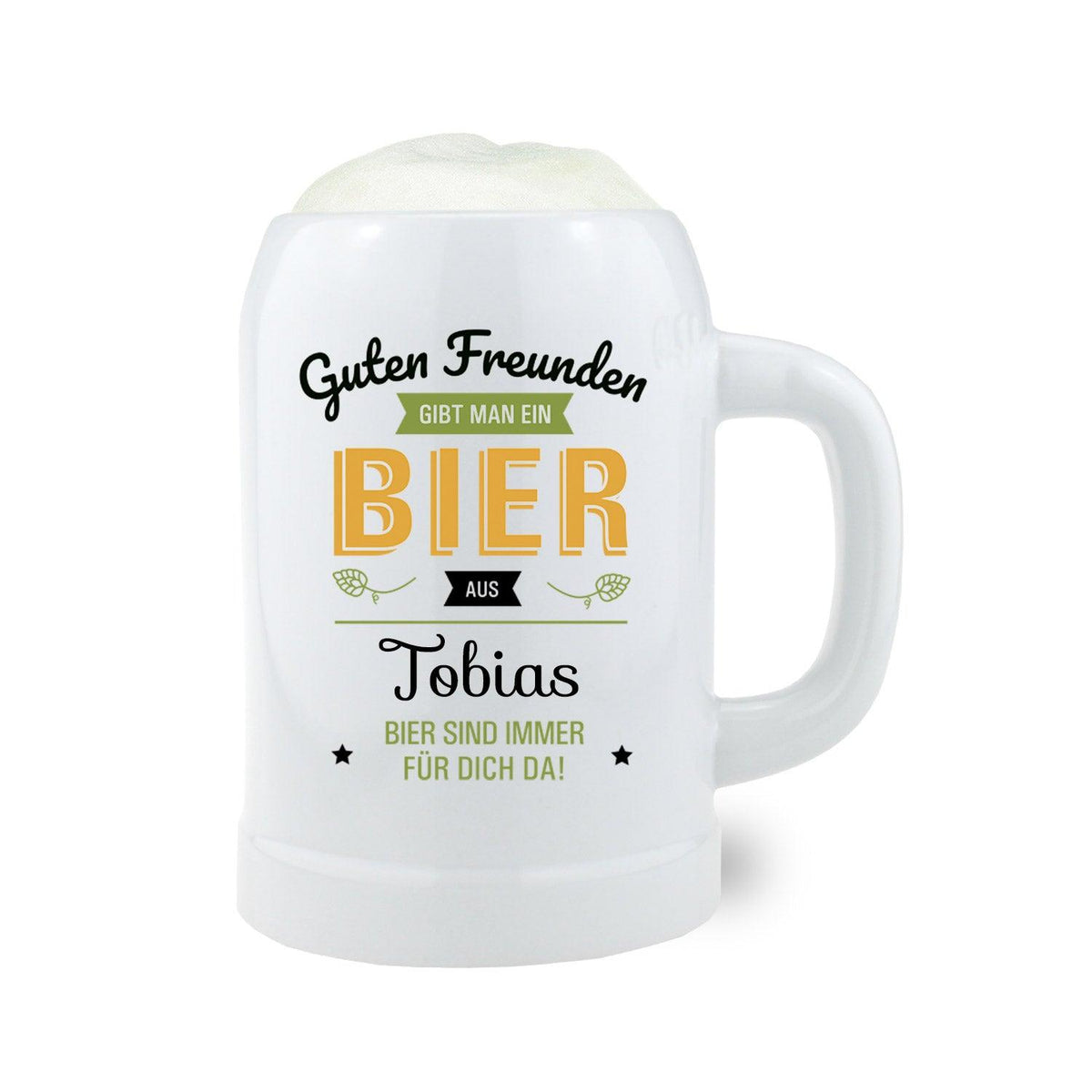 Personalisierter weißer Keramik-Bierkrug mit Aufschrift "Guten Freunden gibt man ein Bier aus Tobias".