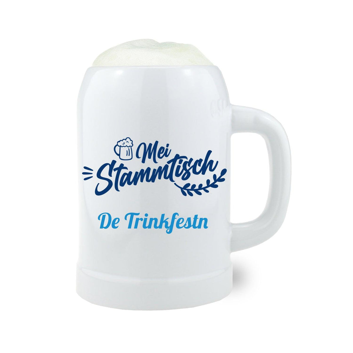 Personalisierbarer Bierkrug Mei Stammtisch mit Wunschname, weiß, Schriftzug in blau und hellem Bierschaum.