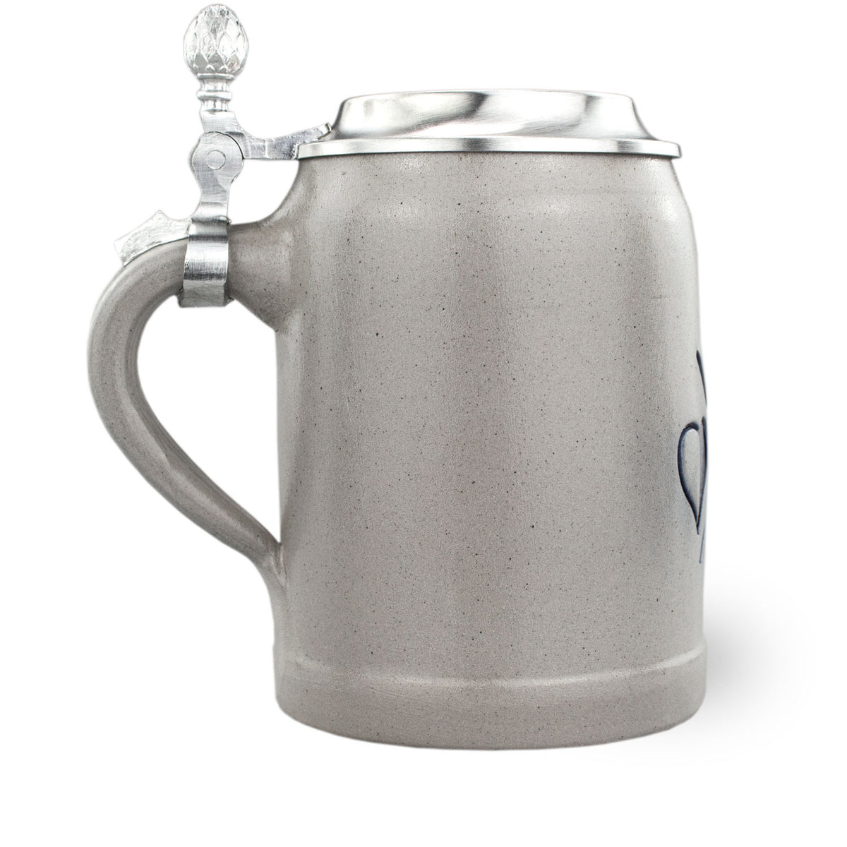 Grauer PREMIUM Bierkrug "Schafkopfen" aus Steinzeug mit glänzendem Zinndeckel und Henkel, seitenansicht