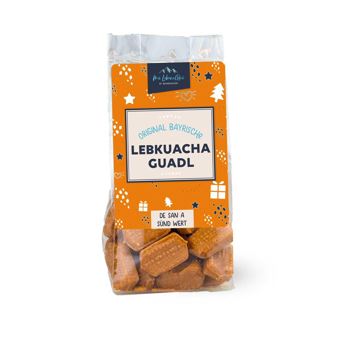 Durchsichtige Packung Weihnachtsbox Weihnachtsfeier Nikolaus mit bayrischen Lebkuchen-Guadl, orangefarbenes Etikett.