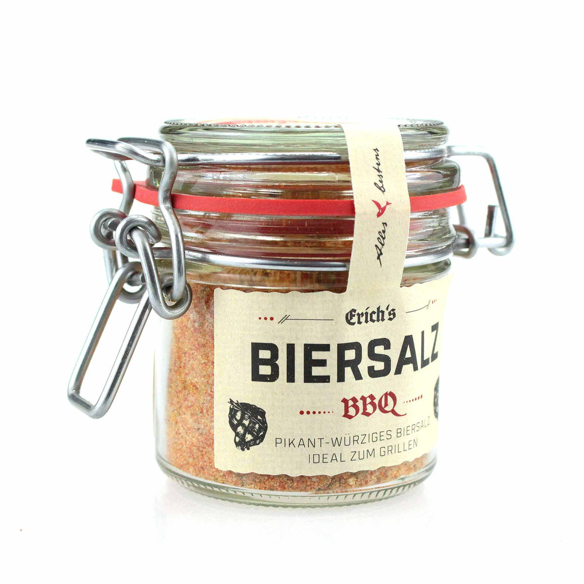Gläschen mit pikant-würzigem BBQ-Biersalz und Bügelverschluss, ideal zum Grillen.