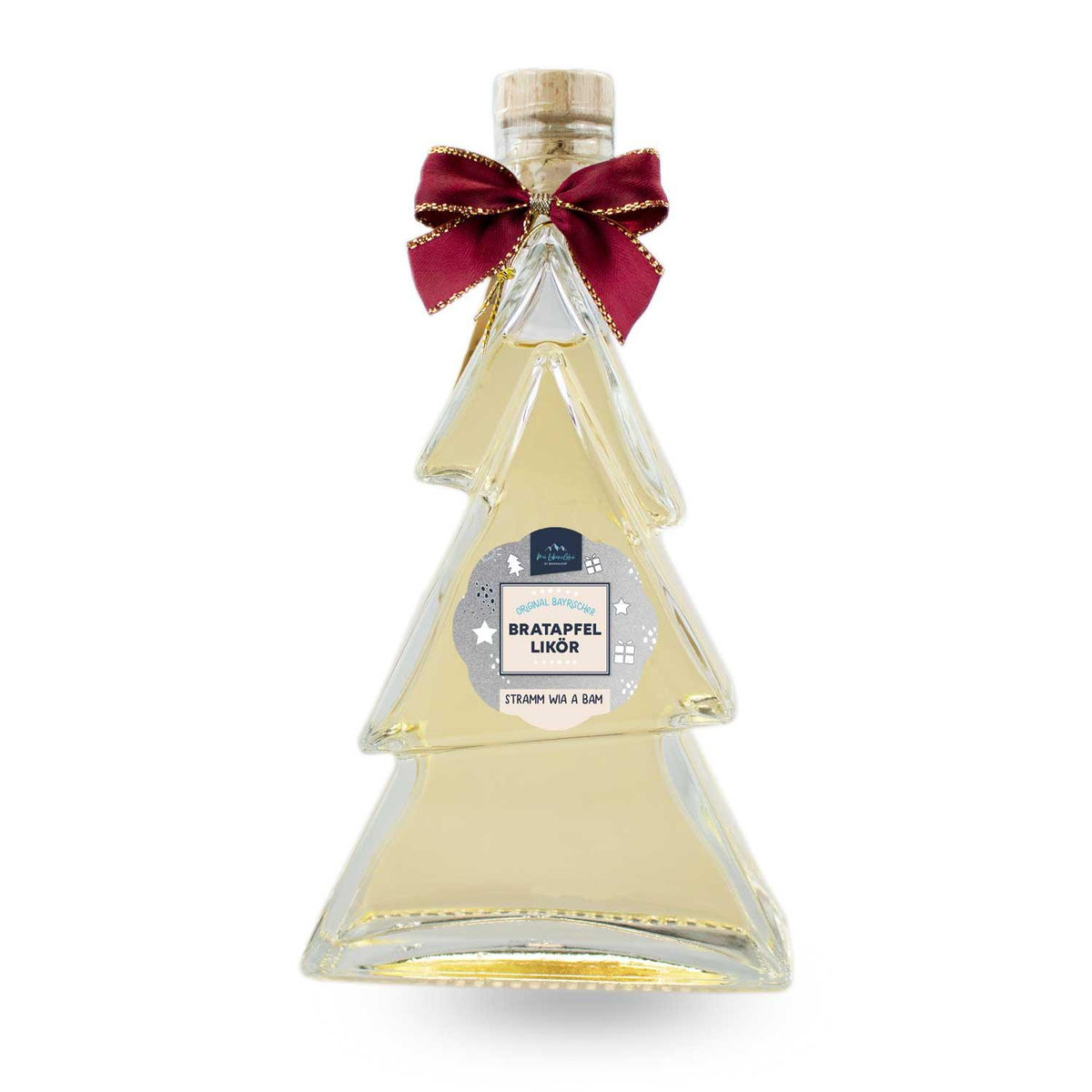 Bratapfel-Likör Tanne in außergewöhnlicher Tannenbaum-Flasche mit roter Schleife und Korken.
