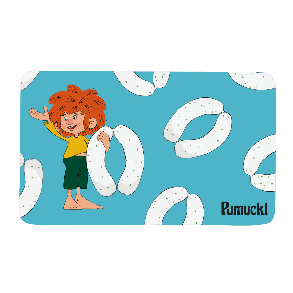 Pumuckl Brotzeitbrettl mit Weißwurst-Motiv auf türkisem Grund