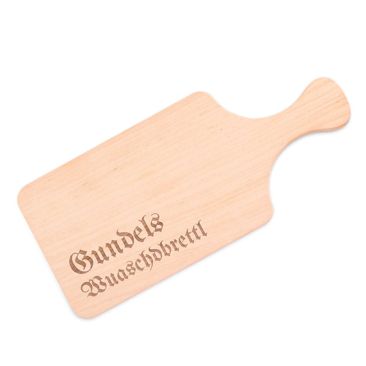 Helles Holzschneidebrett mit Laser-Gravur "Gundels Wuaschdbrettl", rustikales bayerisches Design für Brotzeit