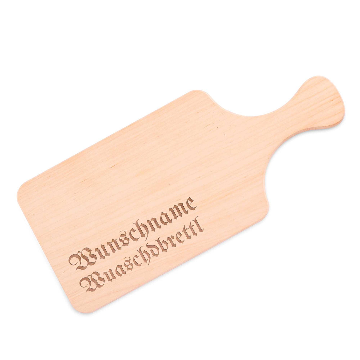 Helles Holzbrett mit Lasergravur "Wunschname Wuaschbrettl" in Altdeutscher Schrift, schräg von oben.