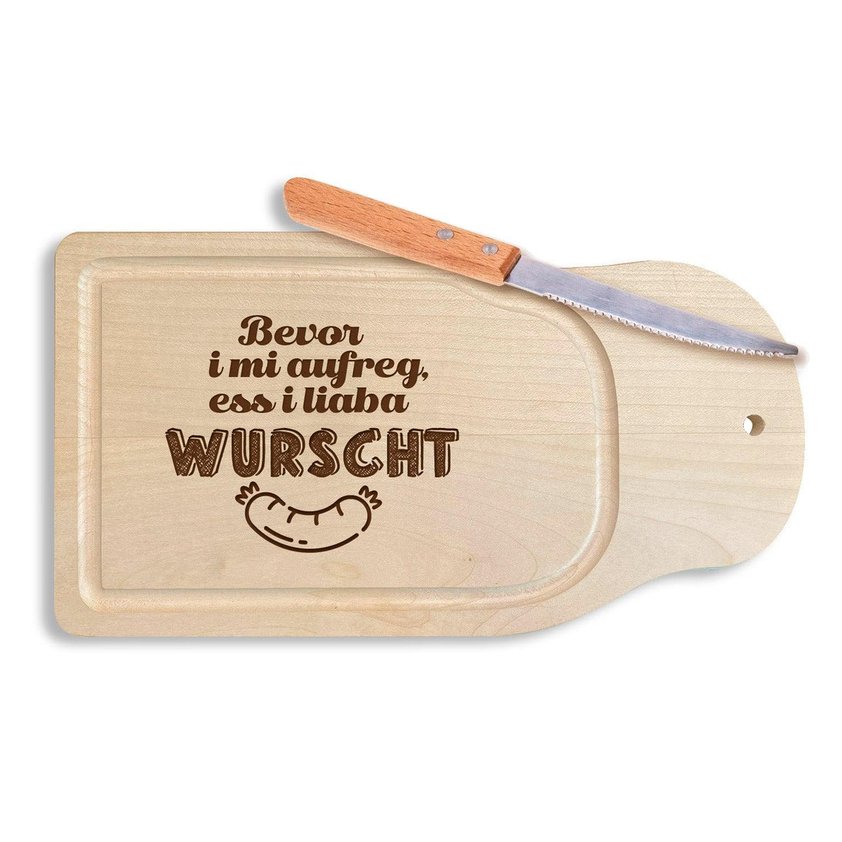 Rustikales Brotzeitbrettl Bevor i mi aufreg, ess i liaba Wurscht aus Holz mit Messer und Spruch.